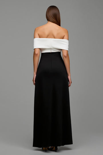 Off the Shoulder Black and White Patchwork Long Formal Dress with Bow